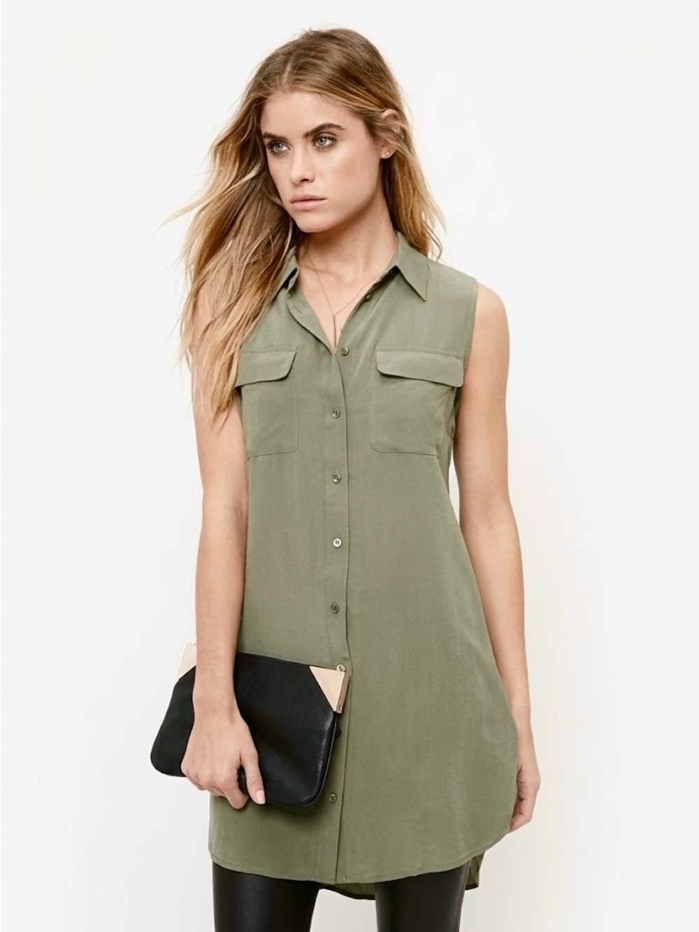 EQUIPMENT Femme Olive Green 100% Silk Sleeveless Slim Signature Shirt Dress XS